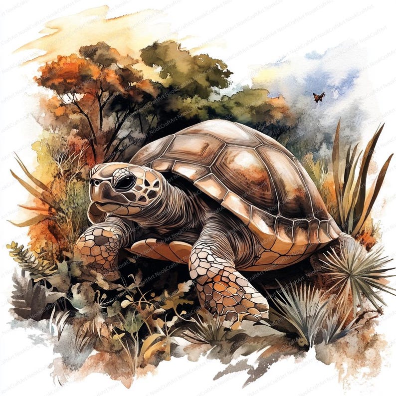 May include: A watercolor painting of a brown tortoise in a forest setting. The tortoise is walking on a path with green plants and trees in the background.