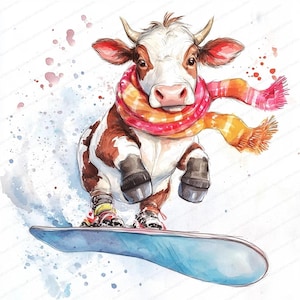 14 Kuh Snowboard Clipart | Spaß Winter Designs | Druckbare Aquarell Clipart | Hochwertige JPGs | Digitaler Download | Papierkunst