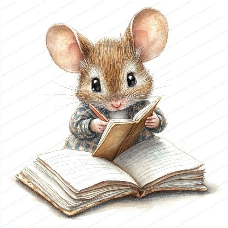 May include: A brown mouse wearing a plaid shirt sits on a large open book, holding a pencil and looking at the book.