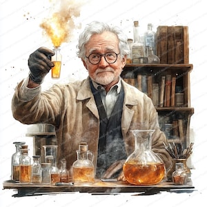 Könnte beinhalten: Aquarellillustration eines älteren Wissenschaftlers im Laborkittel, der ein Fläschchen mit gelber Flüssigkeit hält, aus dem Rauch aufsteigt. Verschiedene Glasflaschen und Becher stehen auf dem Tisch und in den Regalen, was auf ein Chemie- oder Apotheken-Thema hindeutet.