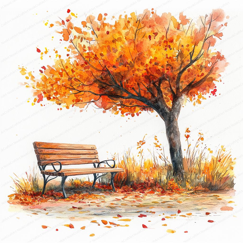 花とベンチ　水彩画 20 木のベンチのクリップアート | 穏やかな屋外のイラスト | 印刷可能