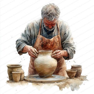 Puede incluir: Ilustración en acuarela de un alfarero trabajando, dando forma a un jarrón de arcilla marrón claro en un torno de alfarero. El alfarero lleva un delantal marrón y una camisa azul. Se ven varias otras ollas de arcilla.