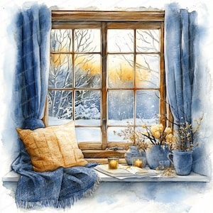 12 imágenes prediseñadas de paisaje invernal con ventana / Diseño navideño / Imágenes prediseñadas de acuarela imprimibles / JPG de alta calidad / Descarga digital / Manualidades de papel