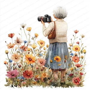 15 imágenes prediseñadas de una anciana fotografiando un prado / Abuela capturando un campo de flores / Imágenes prediseñadas de acuarela imprimibles / JPG de alta calidad