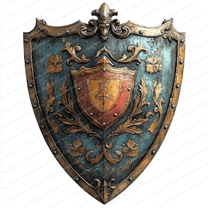 May include: A decorative metal shield with a blue and gold finish. The shield features a smaller shield in the center with a red and gold design. The shield is adorned with ornate details and a crest at the top.