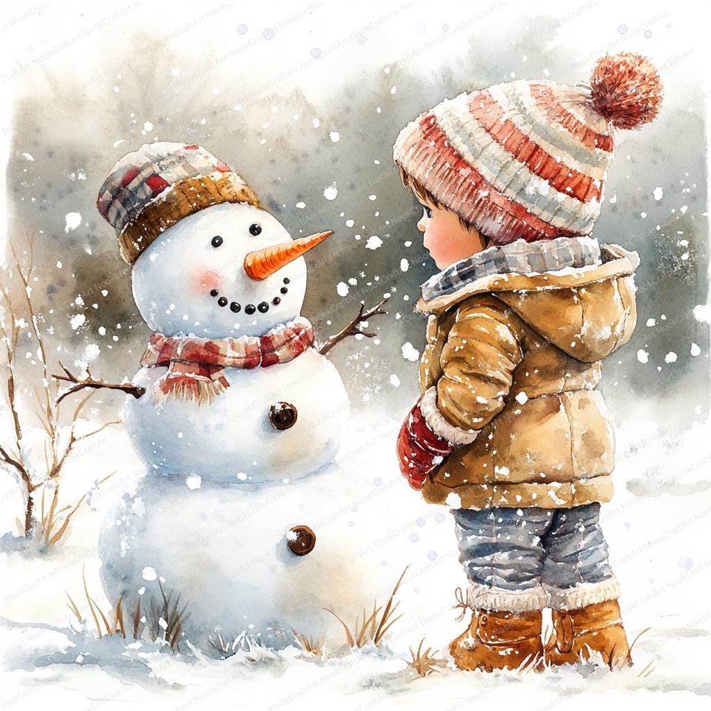 14 クリスマス水彩雪だるまクリップアート | 冬の風景 | 印刷可能な
