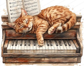 ピアノで眠る猫のクリップアート21選 | 心地よい音楽猫のイラスト