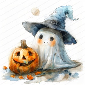 Peut inclure: Illustration &agrave; l'aquarelle d'un fant&ocirc;me amical portant un chapeau de sorci&egrave;re bleu, &agrave; c&ocirc;t&eacute; d'une citrouille orange sculpt&eacute;e. Le fant&ocirc;me a des joues roses et un visage souriant. Des feuilles d'automne sont &eacute;parpill&eacute;es.