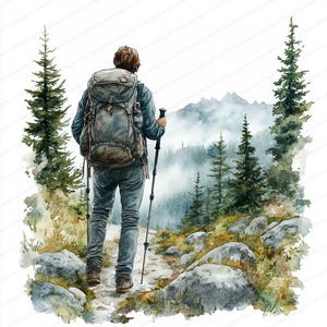 May include: Watercolor illustration of a person hiking on a trail in a mountainous landscape. The person wears a backpack, jeans, and a jacket, and uses hiking poles. The scene includes trees, rocks, and a misty mountain backdrop.