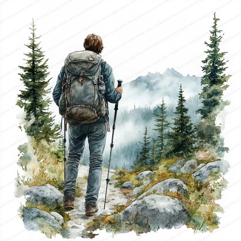May include: Watercolor illustration of a person hiking on a trail in a mountainous landscape. The person wears a backpack, jeans, and a jacket, and uses hiking poles. The scene includes trees, rocks, and a misty mountain backdrop.