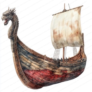 19 Clipart di nave vichinga con vela / Illustrazione di antica nave nordica / Clipart di acquerelli stampabili / JPG di alta qualità / Diario di spazzatura