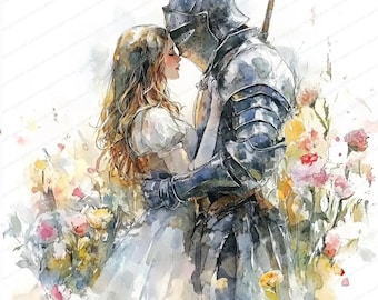 May include: A watercolor painting of a knight in armor embracing a woman in a white dress. They are standing in a field of flowers, with the knight's sword visible behind him.