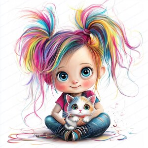 May include: A cartoon illustration of a girl with rainbow hair and a cat. The girl is wearing a pink shirt and blue jeans. She is holding the cat in her arms. The cat is white with orange and black markings.