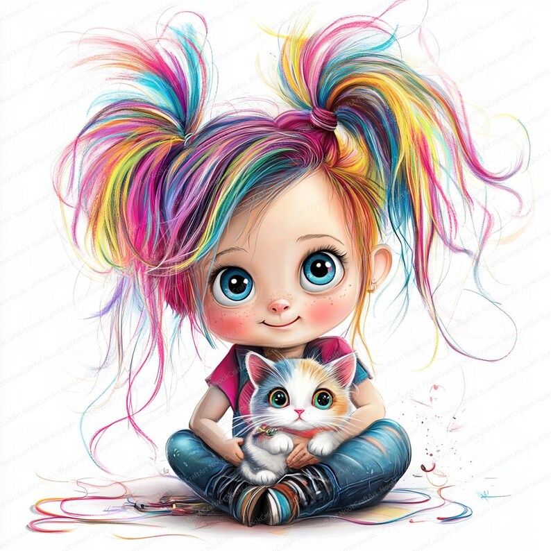 May include: A cartoon illustration of a girl with rainbow hair and a cat. The girl is wearing a pink shirt and blue jeans. She is holding the cat in her arms. The cat is white with orange and black markings.