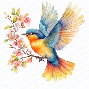 16 Bird with Branch Clipart | Nature Flying Illustration| Printable Watercolor clipart | High Quality JPGs | Paper craft | Junk journal