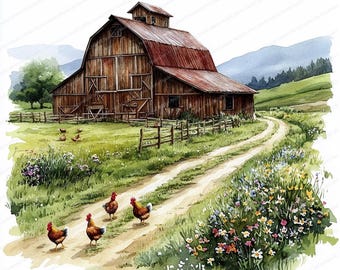 16 Farmyard Clipart | Scena farmy | Wydrukowalne akwarelowe Clipart | Wysokiej jakości JPG | Pobieranie cyfrowe | Wysoka rozdzielczość | Junk Journals