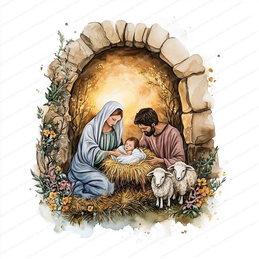 水彩画クリスマスキリスト降誕シーンのクリップアート20点｜聖子イエス