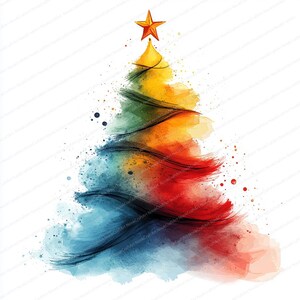 Peut inclure: Un dessin d'arbre de No&euml;l &agrave; l'aquarelle avec une &eacute;toile dor&eacute;e au sommet. L'arbre est peint dans un arc-en-ciel de couleurs, dont le rouge, l'orange, le jaune, le vert et le bleu. Des coups de pinceau noirs soulignent la forme de l'arbre.
