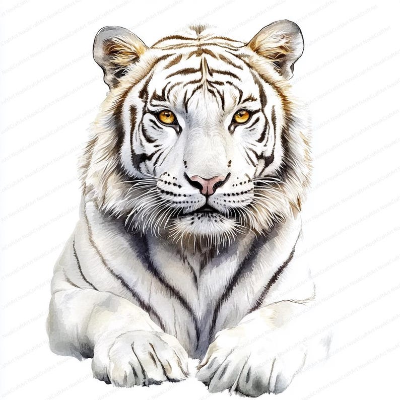 May include: A detailed watercolor illustration of a white tiger with black stripes. The tiger has striking yellow eyes, a pink nose, and long white whiskers. The image is a close-up of the tiger's face and upper body, showcasing its fur and facial features.