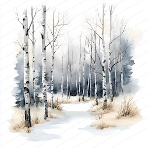 18 Clipart Forêt enneigée | Art de bouleau et d'arbres à feuilles persistantes | Paysage d'hiver à l'aquarelle | Téléchargement numérique JPG