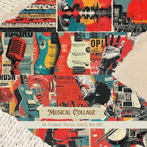 Skräppostkit för musikaliskt collage | Utskrivbara vintagenoter | Scrapbook-papper med retroljud | Sidor med konstnärligt collage