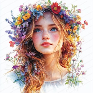 18 Wildflower Crown Girl Clipart | Boho Floral Headpiece Art | Clipart de aquarela para impressão | JPGs de alta qualidade | Papel artesanal | Diário de lixo