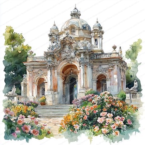 21 Architektur Frühling Clipart | Florale beleuchtete Struktur | Druckbare Aquarell Clipart | Hochwertige JPGs | Papiermodell | Zeitschrift