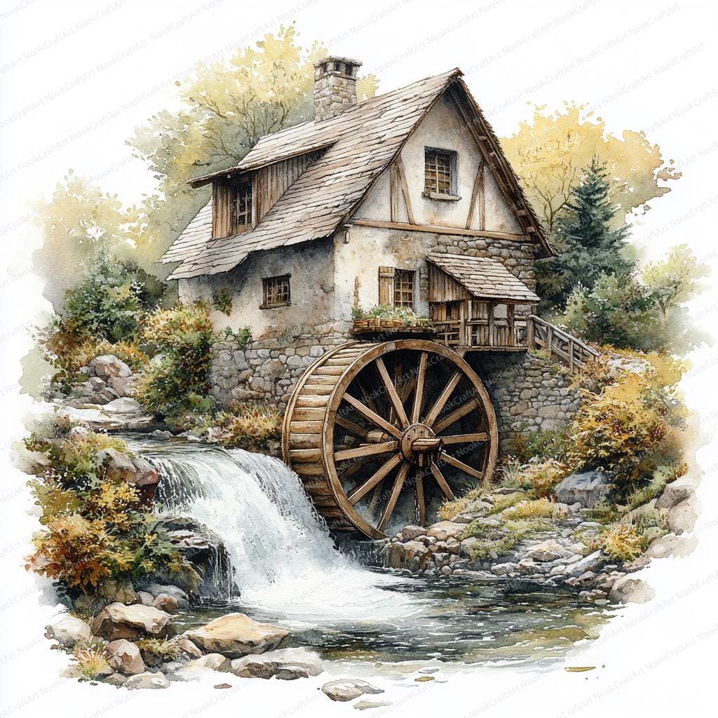 15 古い水車クリップアート | ビンテージ川の風景イラスト | 印刷可能