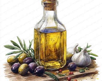 24 Olive Oil Clipart Set | Mediterranean Culinary Illustrations | Printable Watercolor clipart | High Quality JPGs | Paper craft | journal