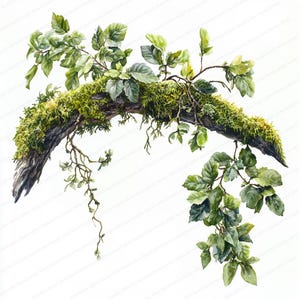 May include: Watercolor painting of a tree branch covered in green moss and lush green leaves. The branch curves gracefully, with detailed textures and varying shades of green, creating a natural and serene scene.