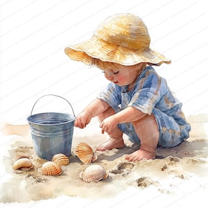 May include: Watercolor illustration of a child on a beach, wearing a straw hat and blue striped outfit. The child is playing with seashells and a metal bucket on the sand. The image has a soft, artistic style.