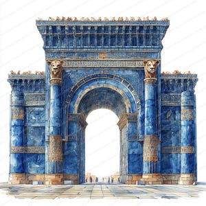 Puede incluir: Pintura a la acuarela de un gran arco azul con intrincadas tallas y esculturas de leones. El arco presenta una abertura central y está flanqueado por altos pilares. La obra de arte evoca una sensación de arquitectura antigua e importancia histórica.