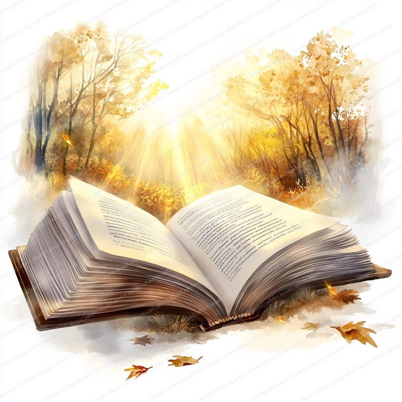 May include: An open book with aged pages lies on the ground in a forest setting. The book is surrounded by fallen leaves and the background is a watercolor painting of a forest with sunlight shining through the trees.