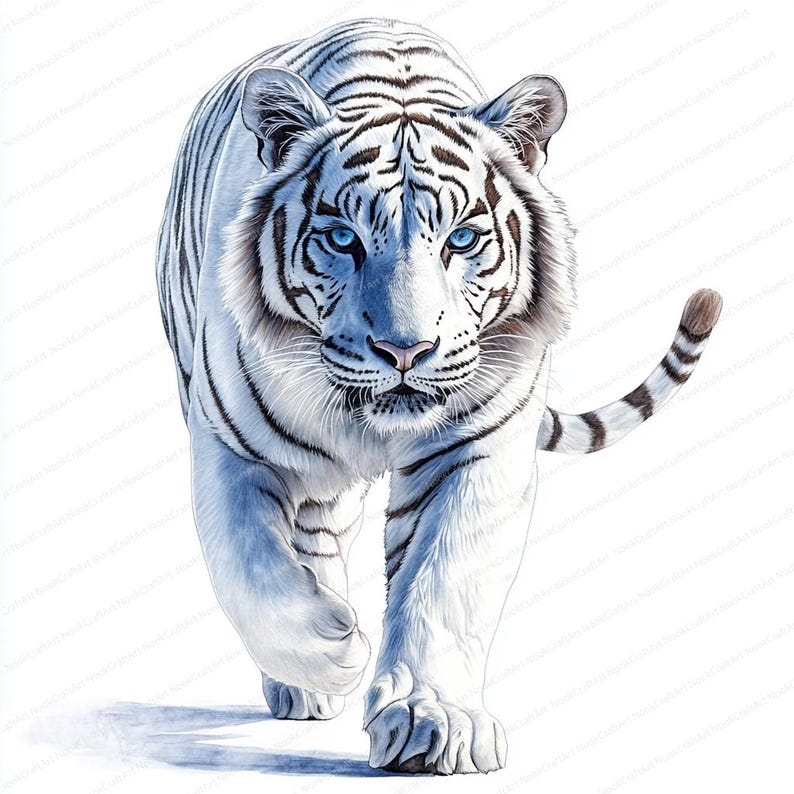May include: A detailed illustration of a white tiger with black stripes, walking towards the viewer. The tiger has striking blue eyes and a pink nose. The image is set against a white background, emphasizing the animal's features.