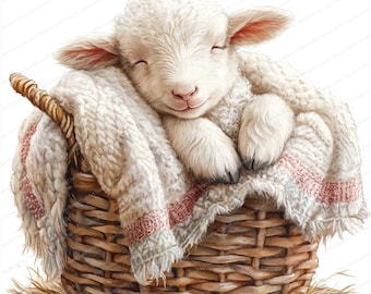 20 Sleeping Lamb in Basket Clipart | Cozy Animal Illustration | Printable Watercolor clipart | High Quality JPGs | Paper craft | journal