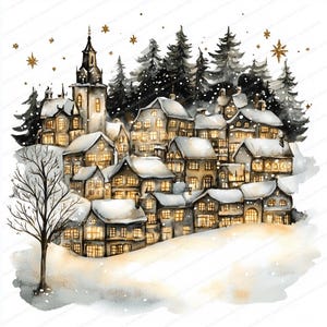20 Christmas Village Clipart | Festive Winter Scene | Printable Watercolor Clipart | High Quality JPGs | Digital Download | Paper Craft