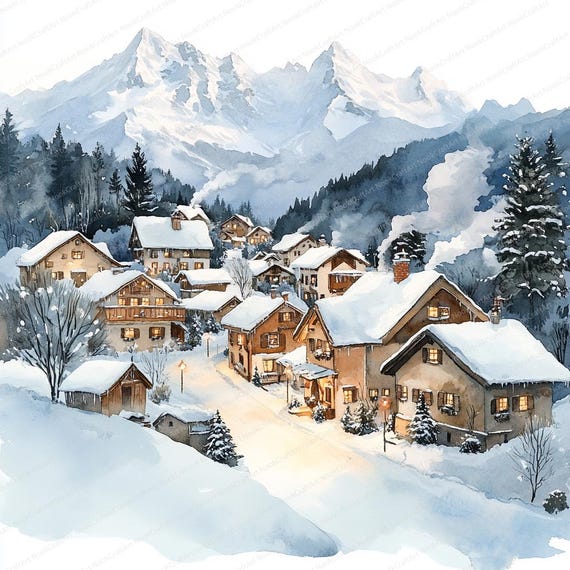 17 Snowy Mountain Village Clipart | Cozy Chalet Winter Scene