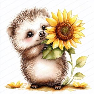 18 cliparts aquarelle hérisson | Hérisson mignon avec tournesols | Clipart imprimable | JPG de haute qualité | Créations en papier | Sublimation