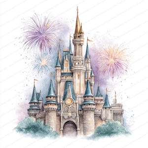 May include: Watercolor illustration of a fairytale castle with blue turrets, gold spires, and a clock. Fireworks in shades of purple and white burst in the sky above the castle. Green bushes are at the base of the castle.