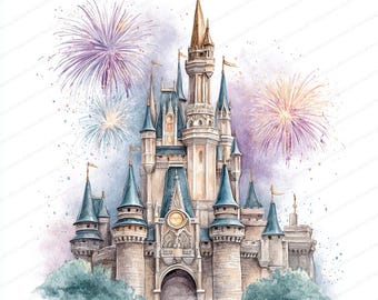 20 Castle Fireworks Clipart | Magical Disney Night скопировано | Printable Watercolor clipart | High Quality JPGs | Paper craft | journal
