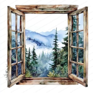 20 Clipart con vista sulla foresta della finestra / Clipart con vista sulla foresta della finestra panoramica / Clipart acquerello stampabile / JPG di alta qualità / Artigianato di carta