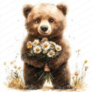 21 Clipart bouquet de fleurs ours | Illustration mignonne d'animal de forêt | Clipart aquarelle imprimable | JPG de haute qualité | Journal indésirable