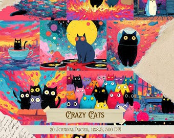 Crazy Cats Junk Journal Kit | Whimsical Feline Collage Sheets | Vintage Cat Printable Scrapbook Paper | Playful Retro Kitty Ephemera Pages