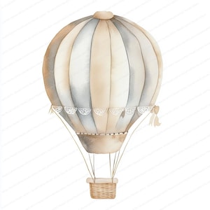Op de afbeelding: Een aquarel-illustratie van een beige en grijze luchtballon met een witte kantversiering en een bruine rieten mand. De ballon zweeft in de lucht.