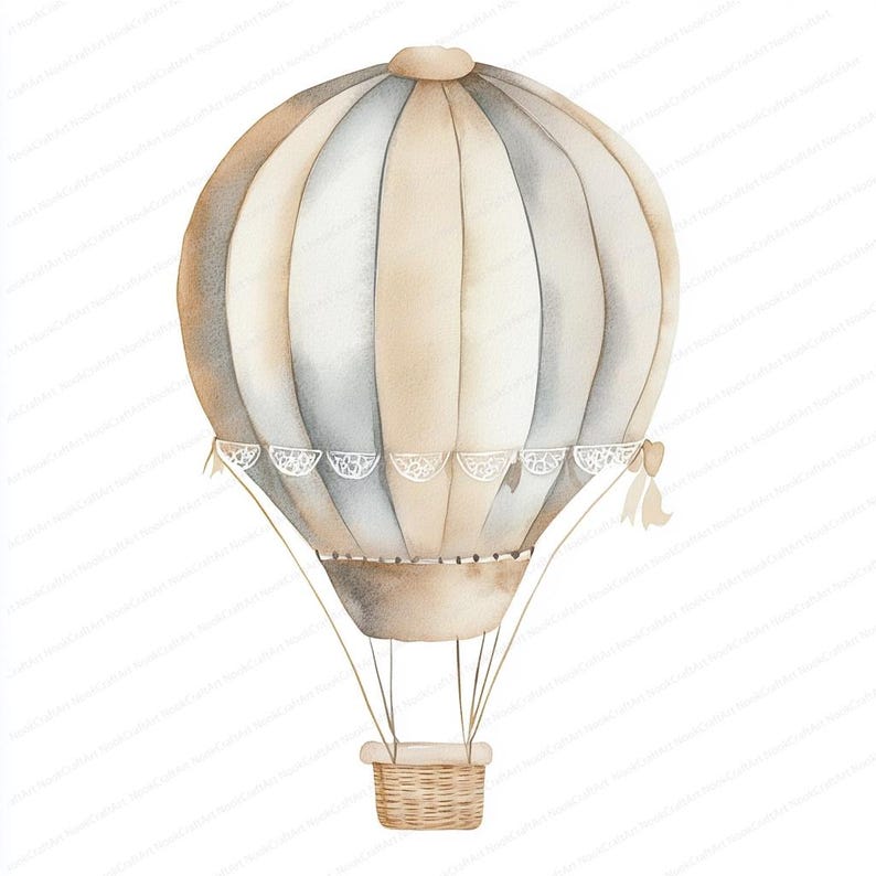 Op de afbeelding: Een aquarel-illustratie van een beige en grijze luchtballon met een witte kantversiering en een bruine rieten mand. De ballon zweeft in de lucht.