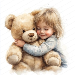 18 Criança Abraçando Ursinho de Pelúcia Clipart | Ilustração Adorável de Crianças e Brinquedos de Pelúcia | Clipart de Aquarela para Imprimir | JPGs de Alta Qualidade
