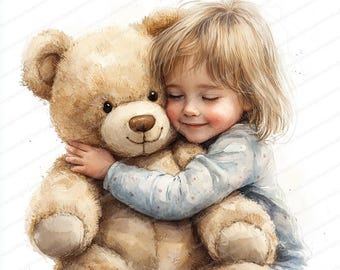 18 テディベアを抱きしめる子供のイラスト | 愛らしい子供とぬいぐるみ