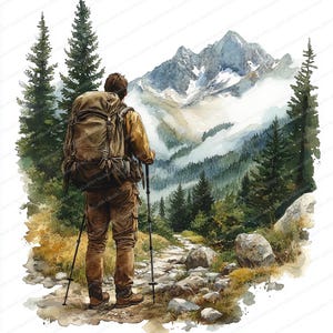 May include: Watercolor painting of a hiker on a mountain trail. The hiker wears a large backpack and uses trekking poles. The path winds through a forest towards a snow-capped mountain range. The color palette includes greens, browns, and blues.