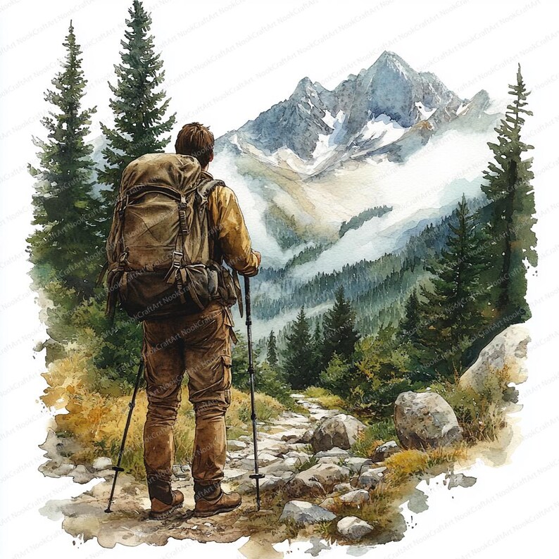 May include: Watercolor painting of a hiker on a mountain trail. The hiker wears a large backpack and uses trekking poles. The path winds through a forest towards a snow-capped mountain range. The color palette includes greens, browns, and blues.