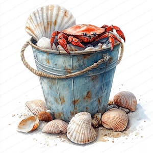 18 Cliparts de Tesouros à Beira-Mar | Ilustração de Balde de Praia Infantil | Clipart de Aquarela para Imprimir | JPGs de Alta Qualidade | Artesanato em Papel